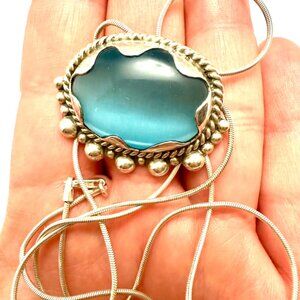 Natural Blue Chalcedony Pendant-Handmade Sterling Silver 925 Taxco Pendant w/chn